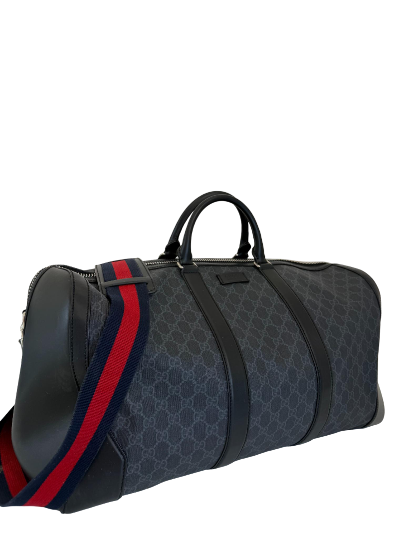 Gucci Black GG Supreme Canvas and Leather Carry On Duffle Bag