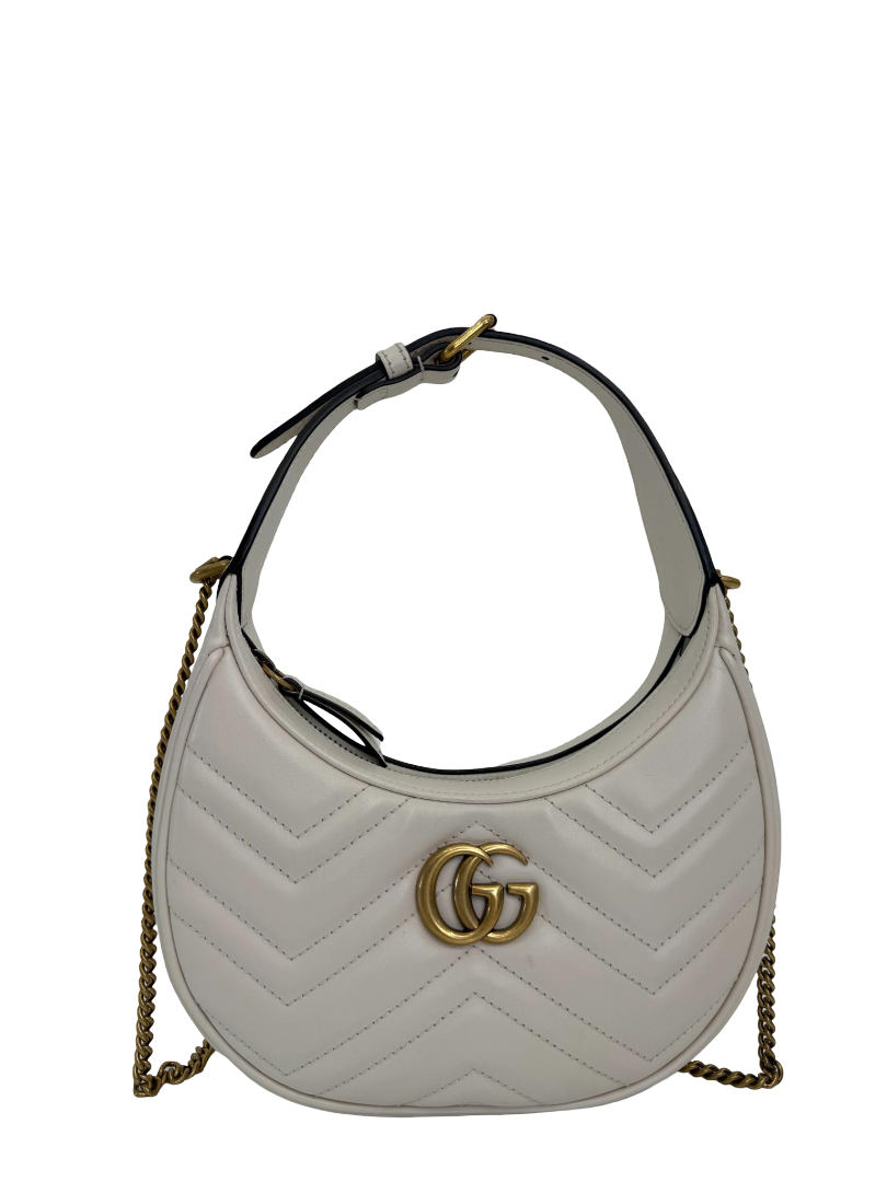 Gucci GG Marmont Mini Half Moon Hobo Bag White Calf Leather