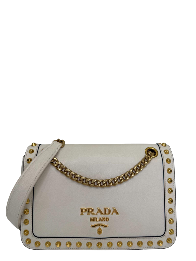 Prada Pattina White Gold Studded Shoulder Bag