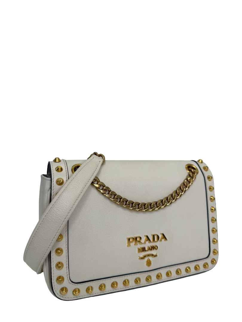 Prada Pattina White Gold Studded Shoulder Bag