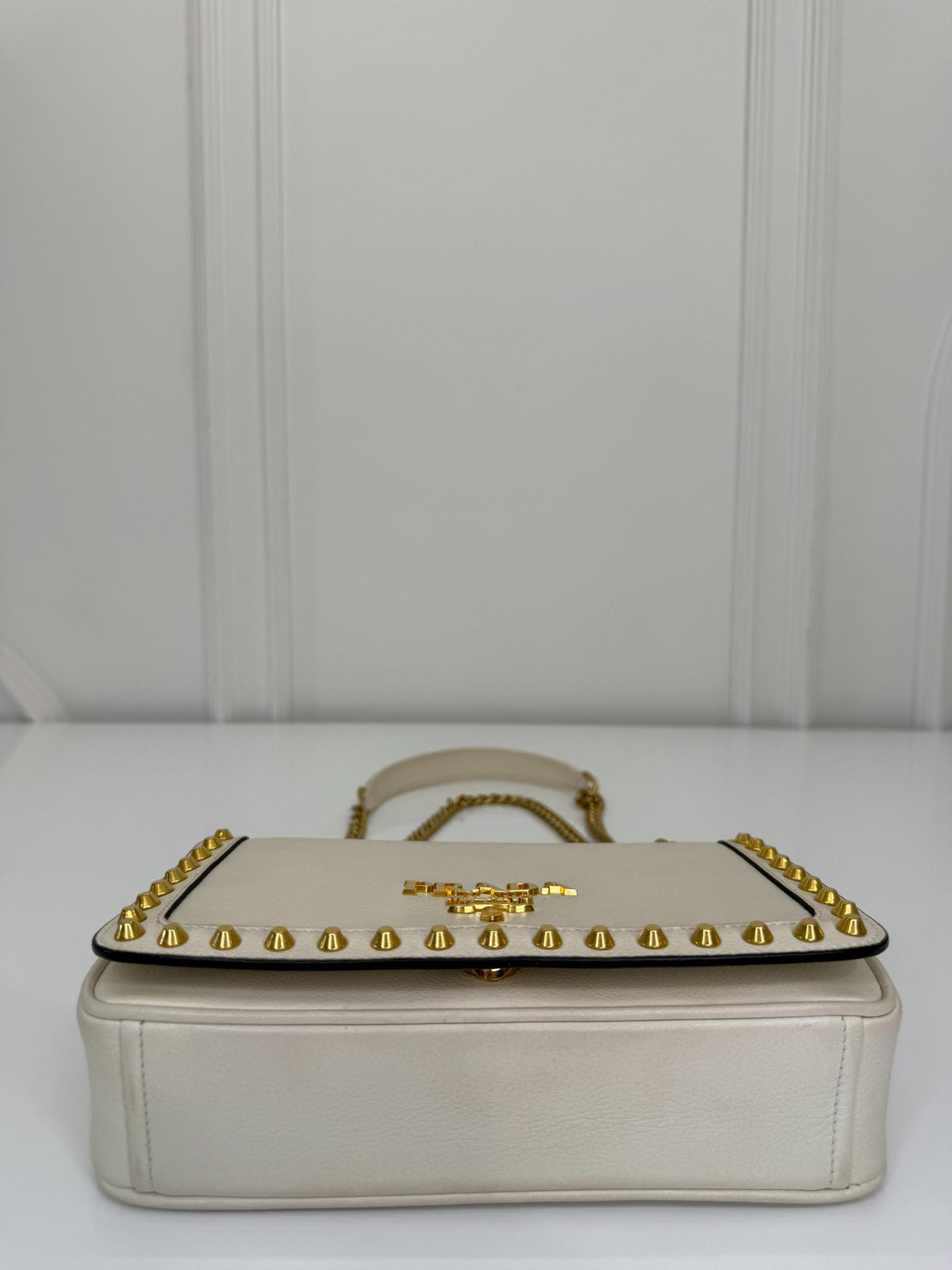 Prada Pattina White Gold Studded Shoulder Bag