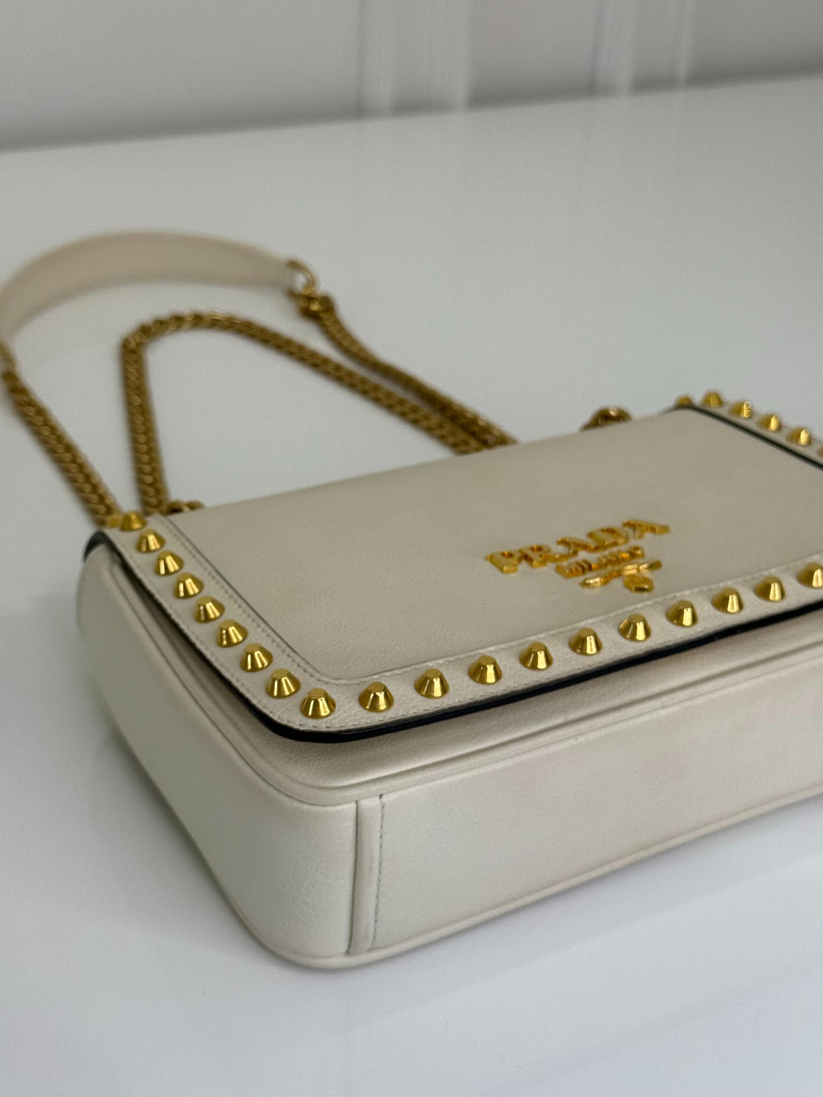Prada Pattina White Gold Studded Shoulder Bag