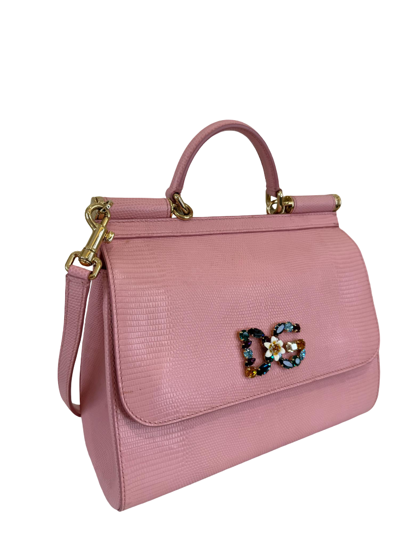 Dolce Gabbana Medium Miss Sicily Pink Iguana Embossed Leather Crystal DG Logo
