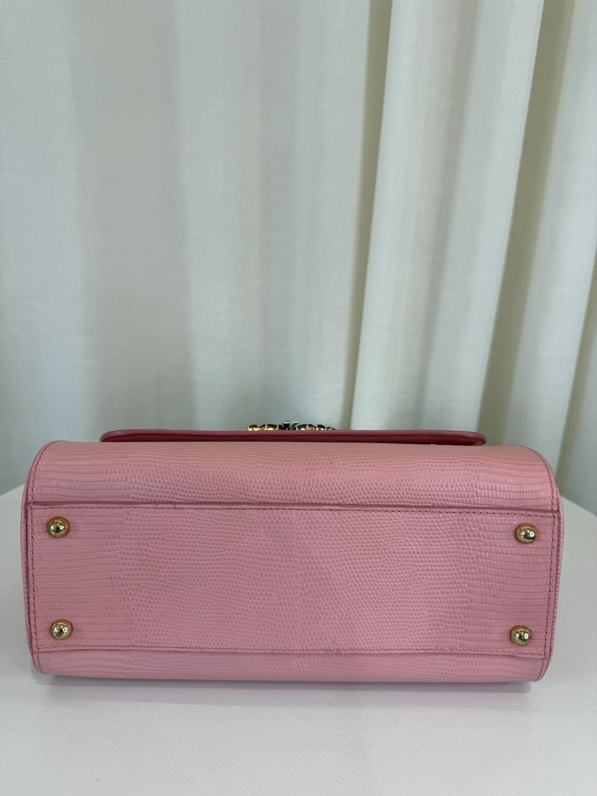 Dolce Gabbana Medium Miss Sicily Pink Iguana Embossed Leather Crystal DG Logo