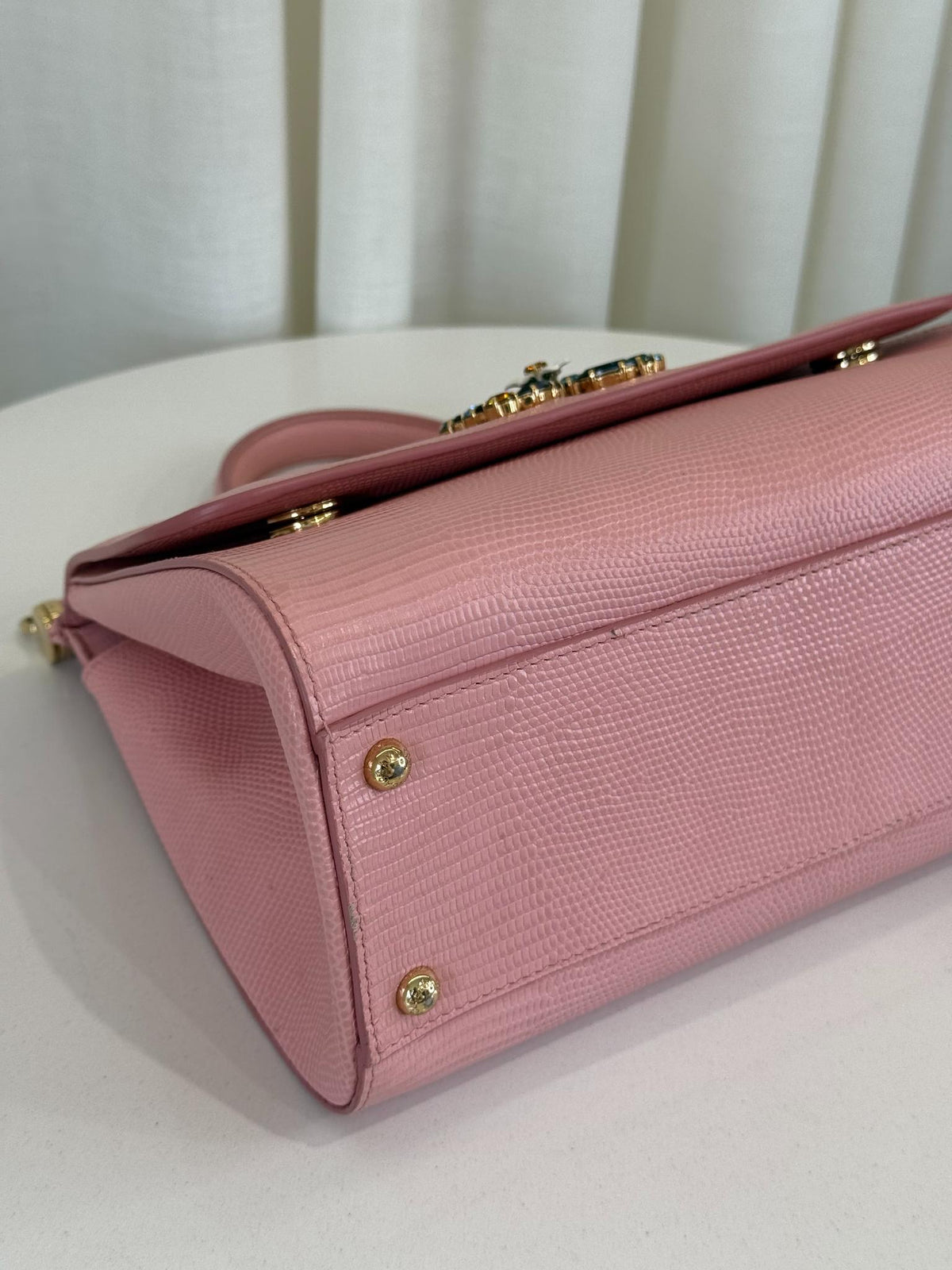 Dolce Gabbana Medium Miss Sicily Pink Iguana Embossed Leather Crystal DG Logo
