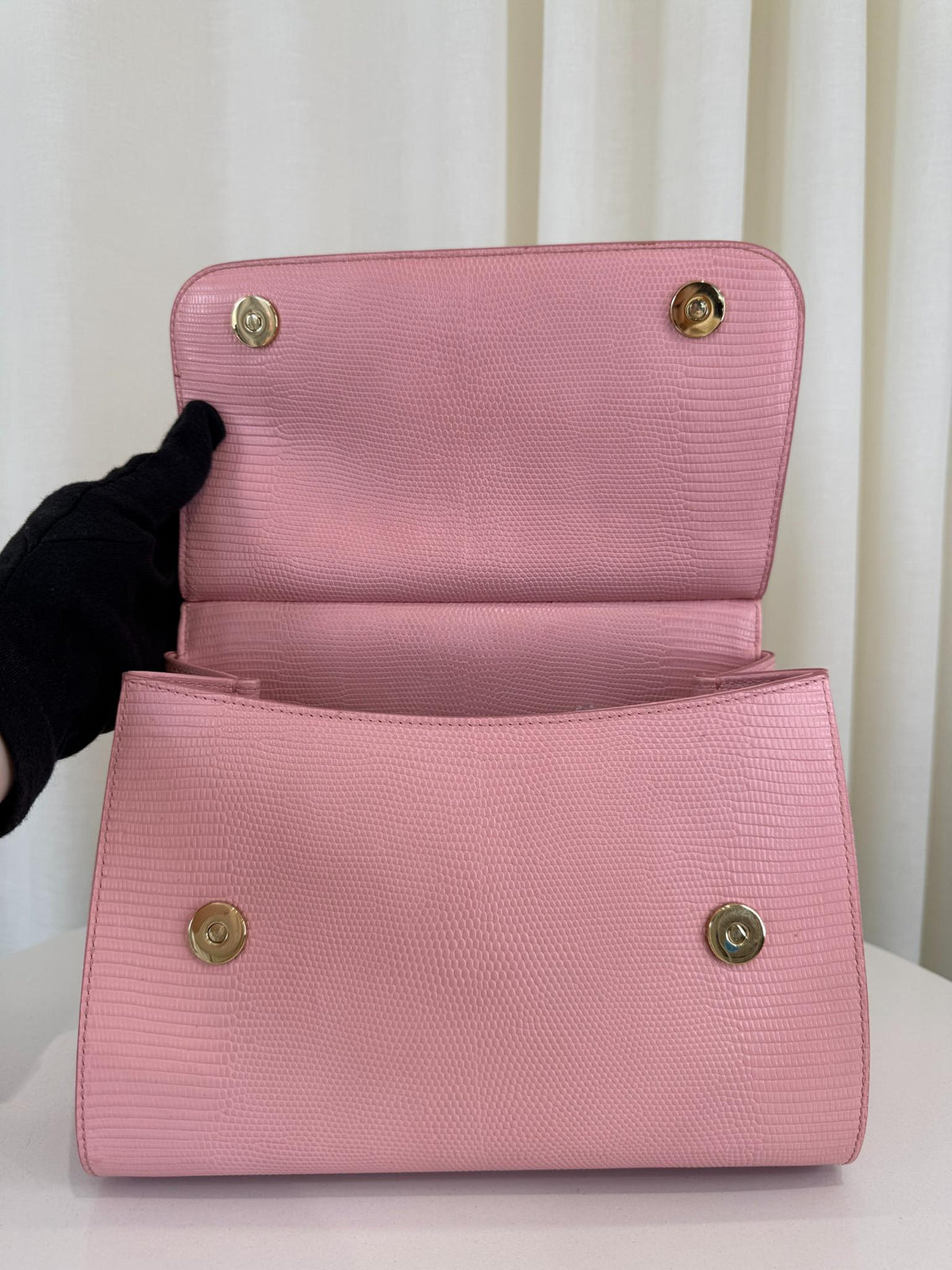 Dolce Gabbana Medium Miss Sicily Pink Iguana Embossed Leather Crystal DG Logo