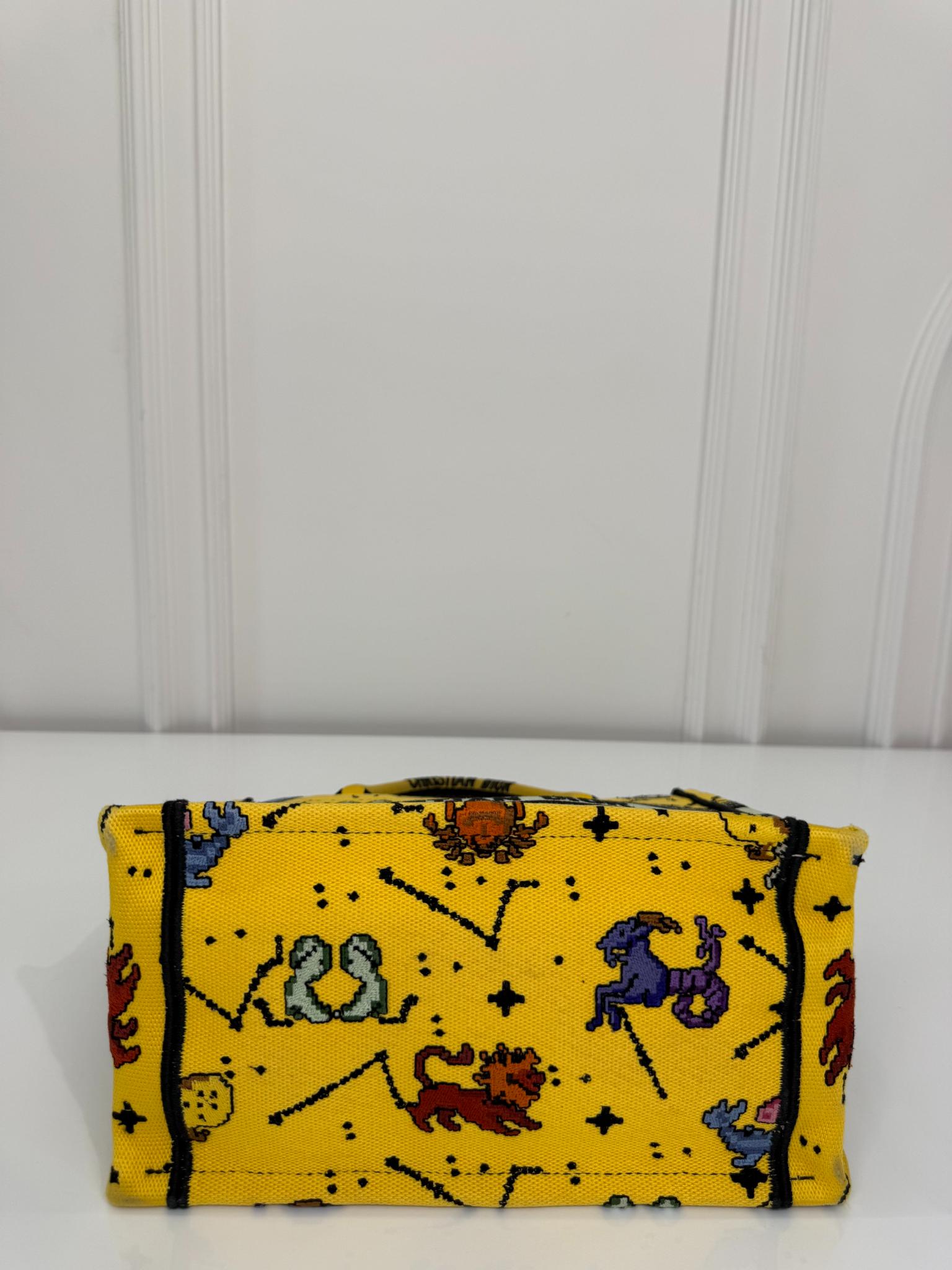 Christian Dior Canvas Embroidered Small Pixel Zodiac Book Tote Yellow