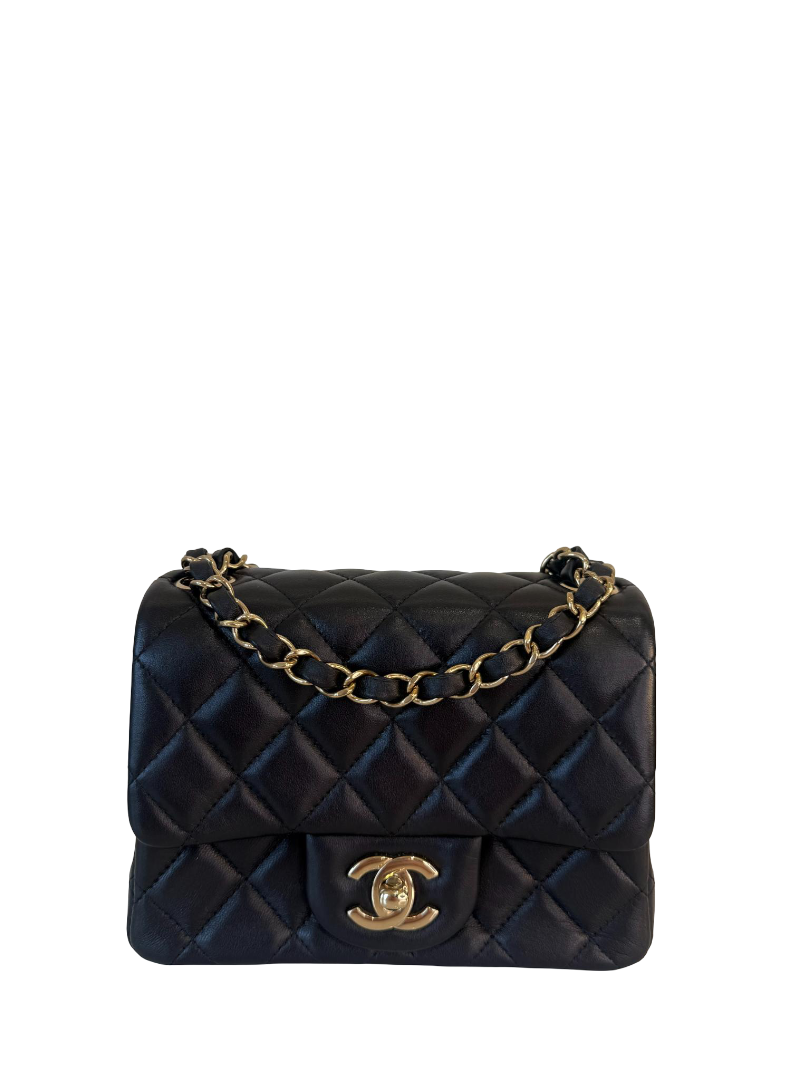 Chanel Classic Mini Square Black Quilted Lambskin Leather Flap Bag