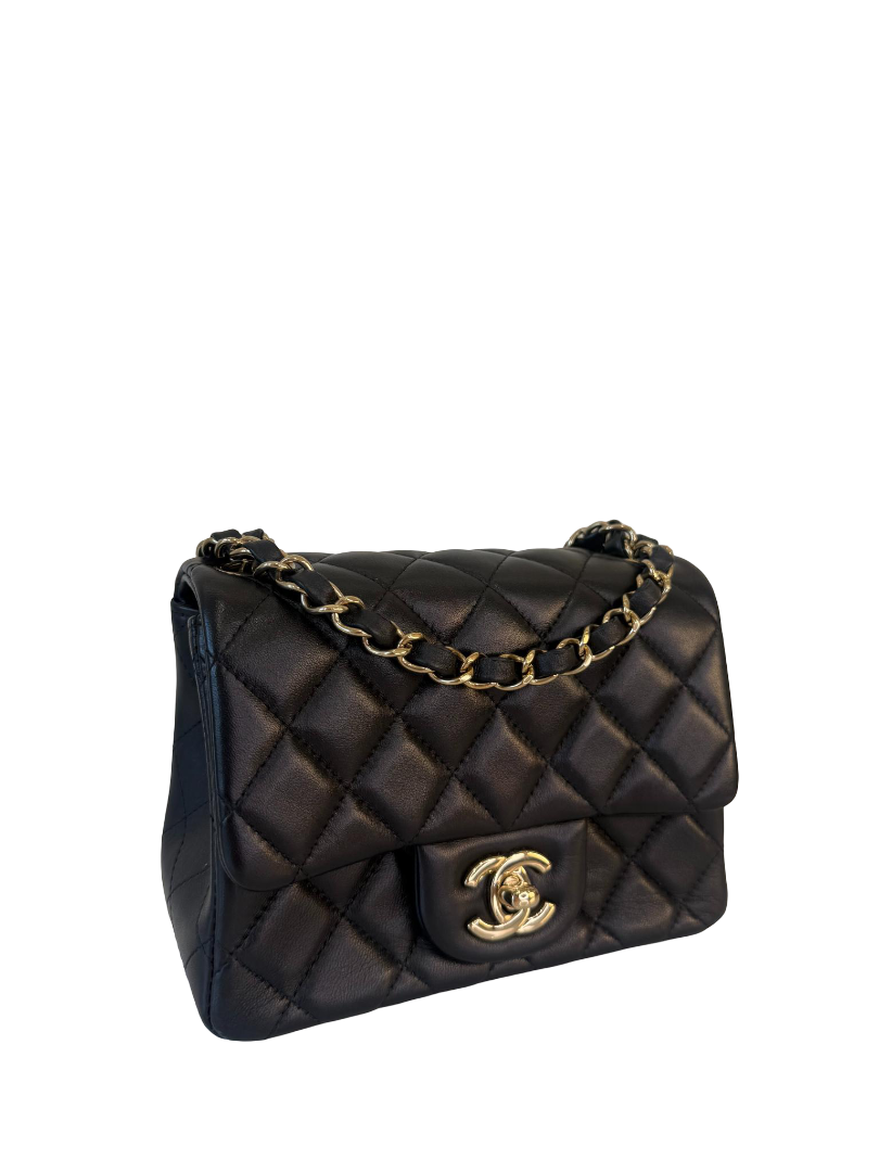 Chanel Classic Mini Square Black Quilted Lambskin Leather Flap Bag