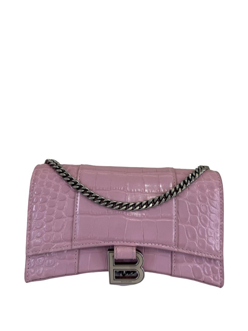 Balenciaga Hourglass Pink Croc Embossed Leather Wallet On Chain