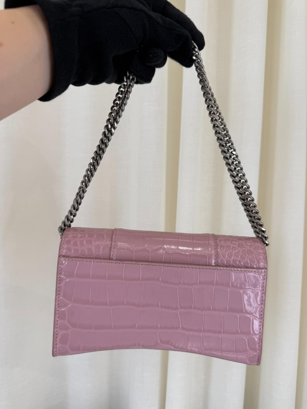 Balenciaga Hourglass Pink Croc Embossed Leather Wallet On Chain