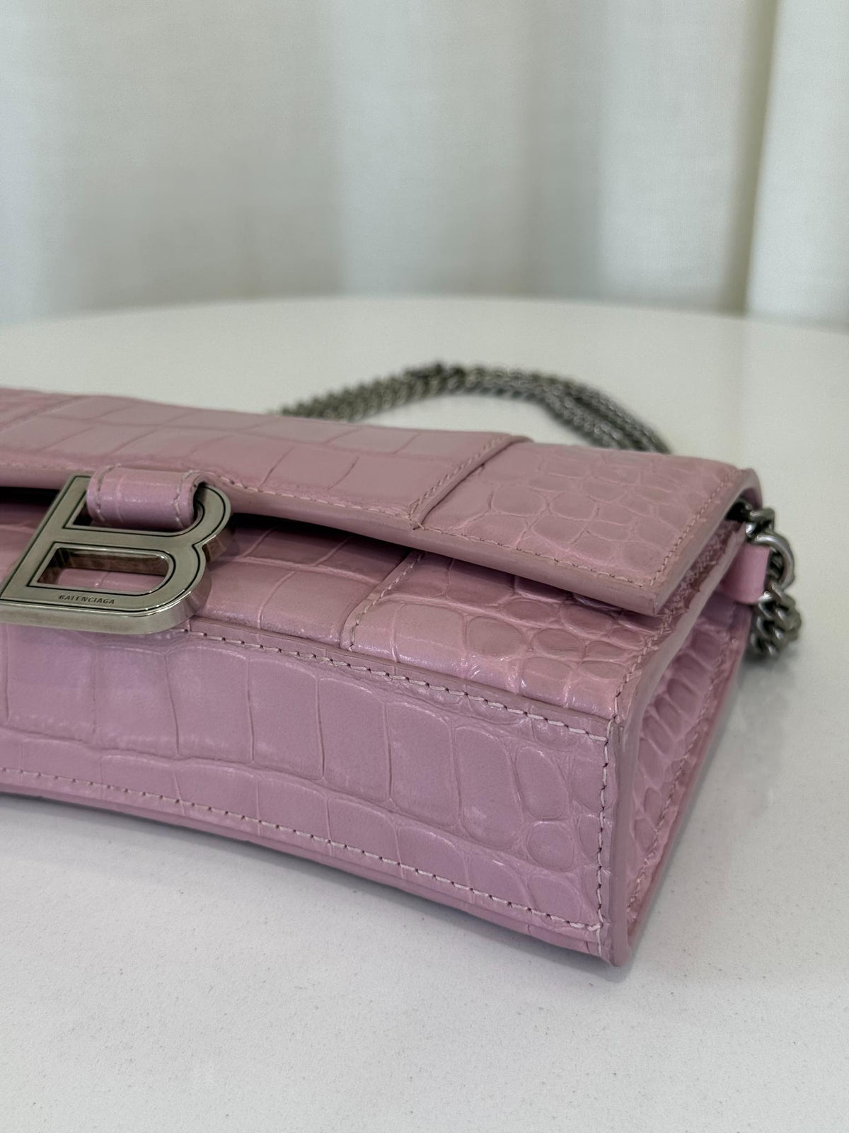 Balenciaga Hourglass Pink Croc Embossed Leather Wallet On Chain