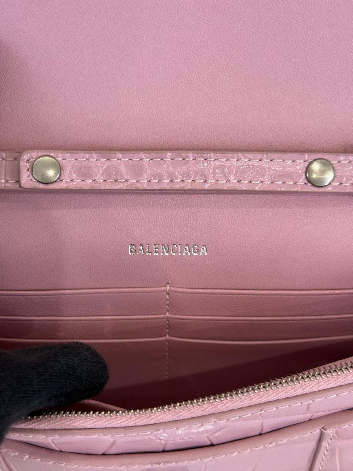 Balenciaga Hourglass Pink Croc Embossed Leather Wallet On Chain