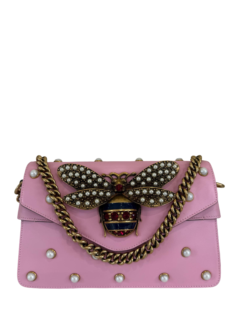 Gucci Pink Leather Pearl Studded Queen Margaret Broadway Shoulder Bag