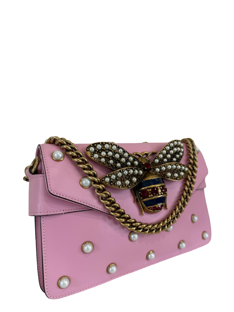 Gucci Pink Leather Pearl Studded Queen Margaret Broadway Shoulder Bag