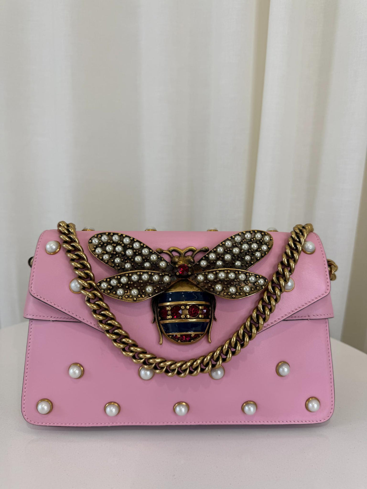 Gucci Pink Leather Pearl Studded Queen Margaret Broadway Shoulder Bag
