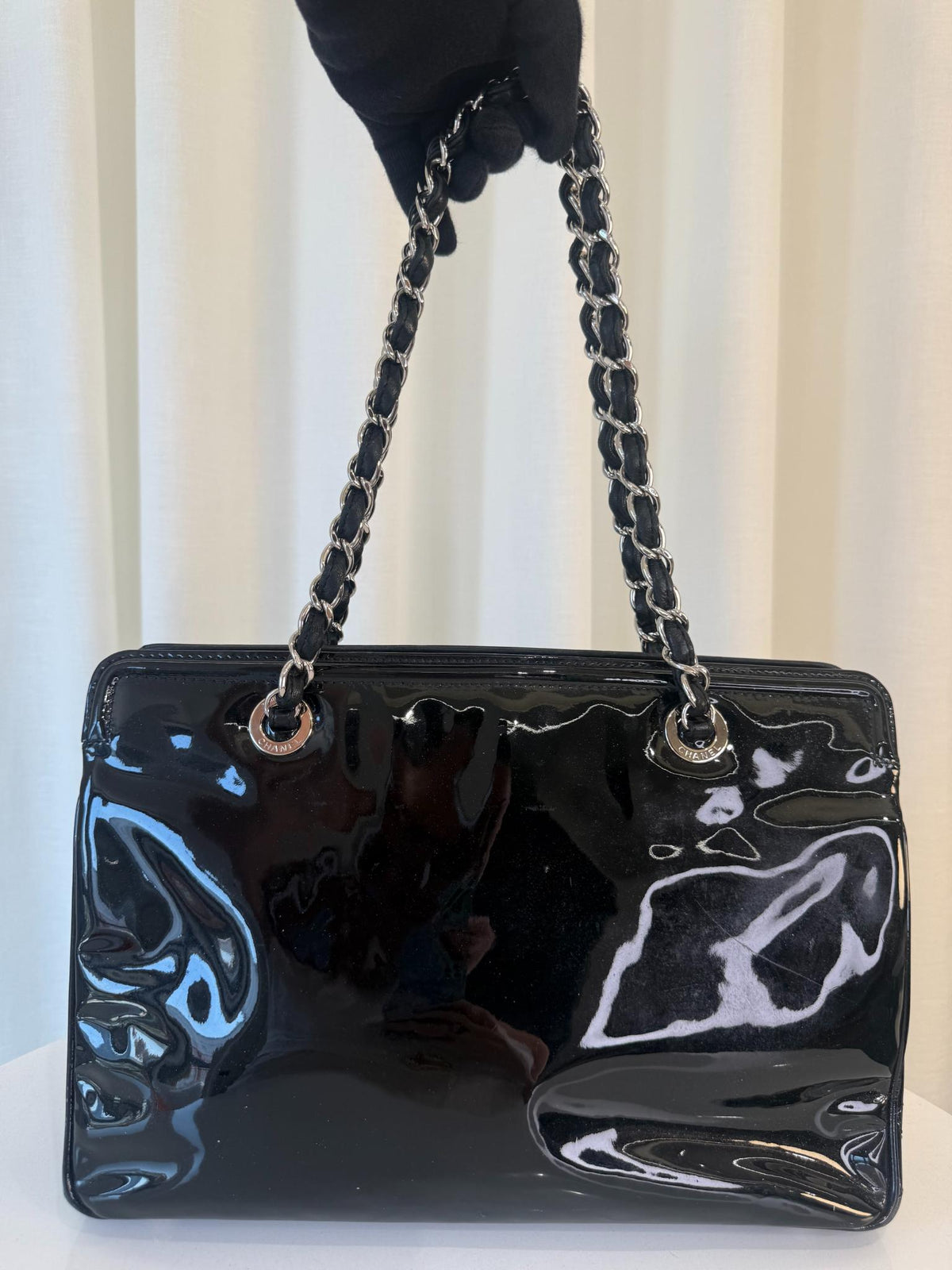 Chanel Black Patent Vinyl Lipstick Ligne Tote