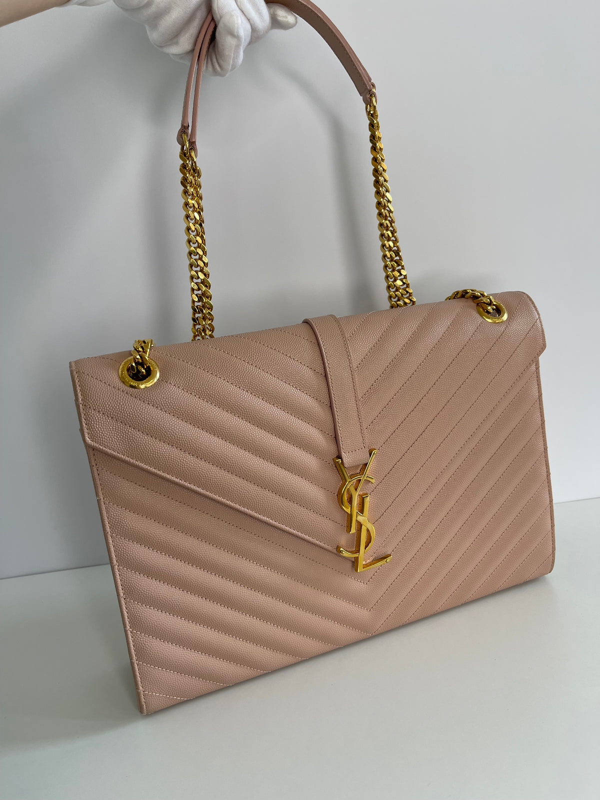 Saint Laurent Large Envelope Beige Grain De Poudre Chain Bag