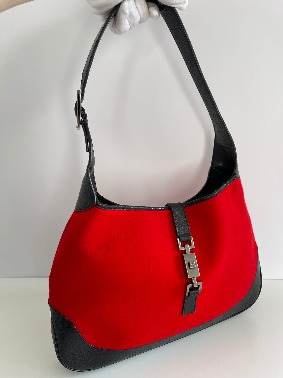 Gucci Red Wool Black Leather Jackie Hobo Bag