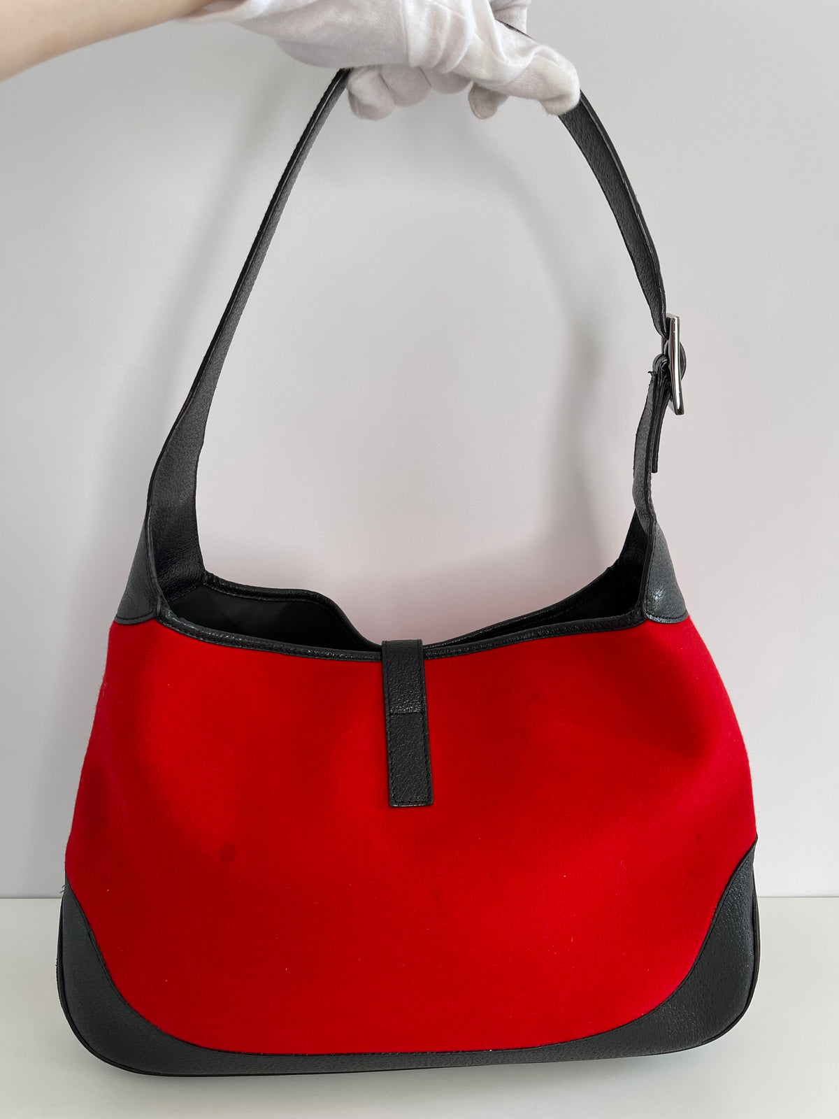 Gucci Red Wool Black Leather Jackie Hobo Bag