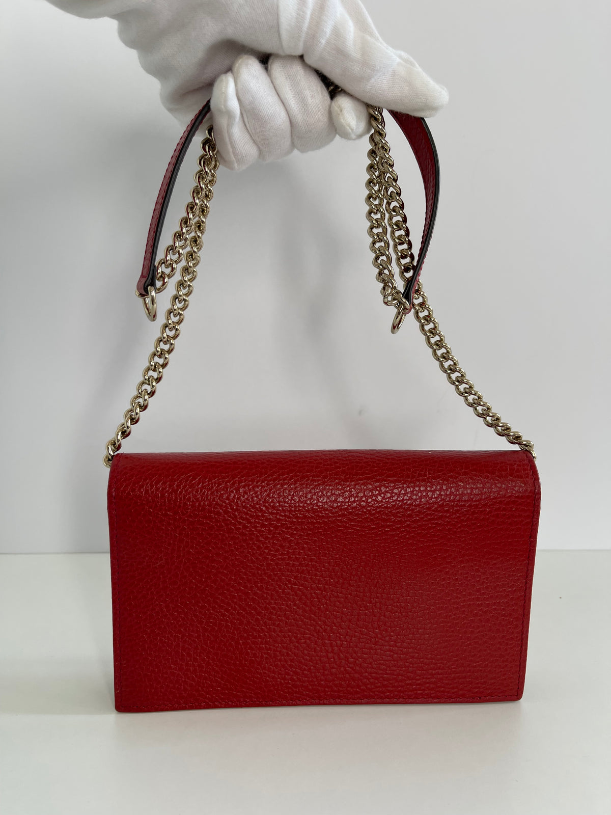 Gucci Red Interlocking G Chain Leather Wallet on Chain
