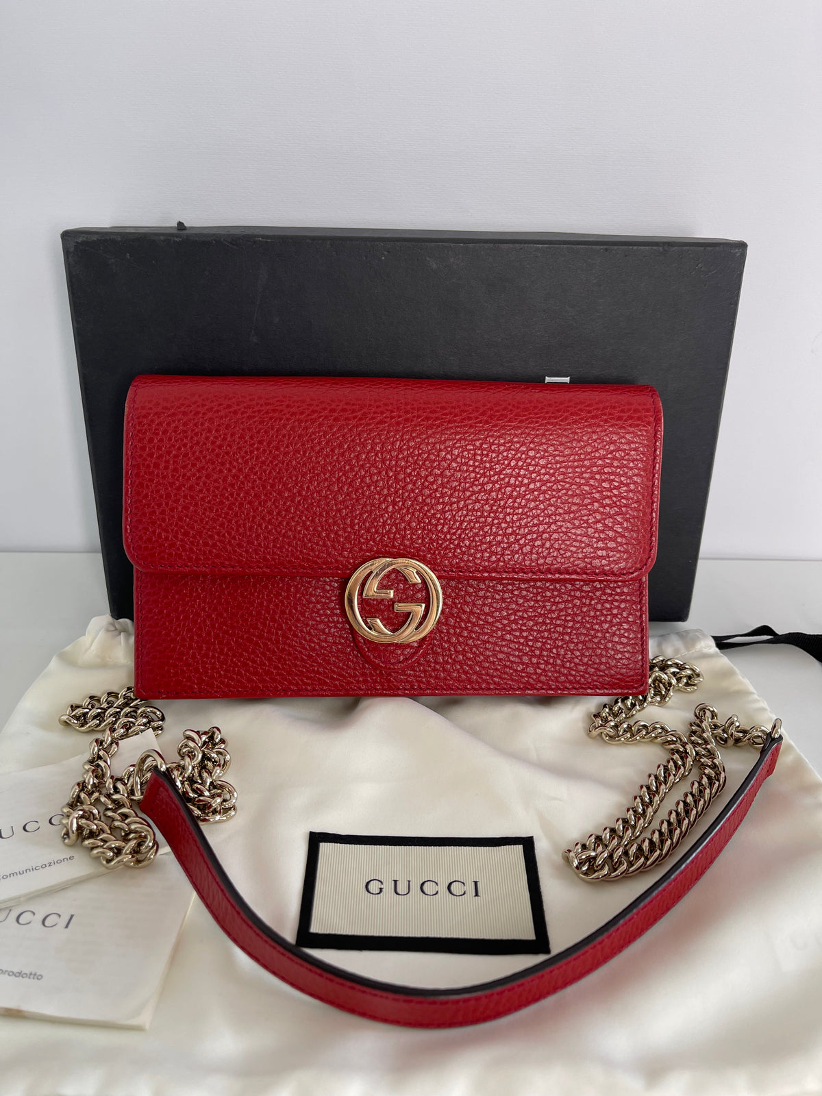 Gucci Red Interlocking G Chain Leather Wallet on Chain
