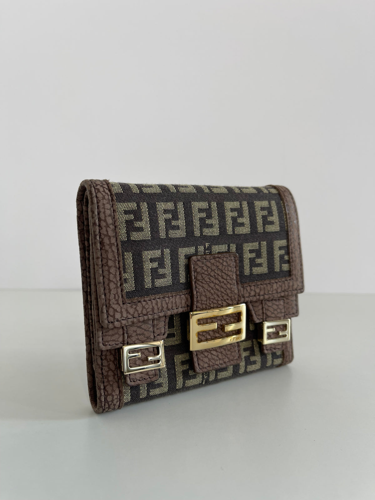 Fendi Zucchino Canvas and Brown Nubuck Leather Bifold Wallet