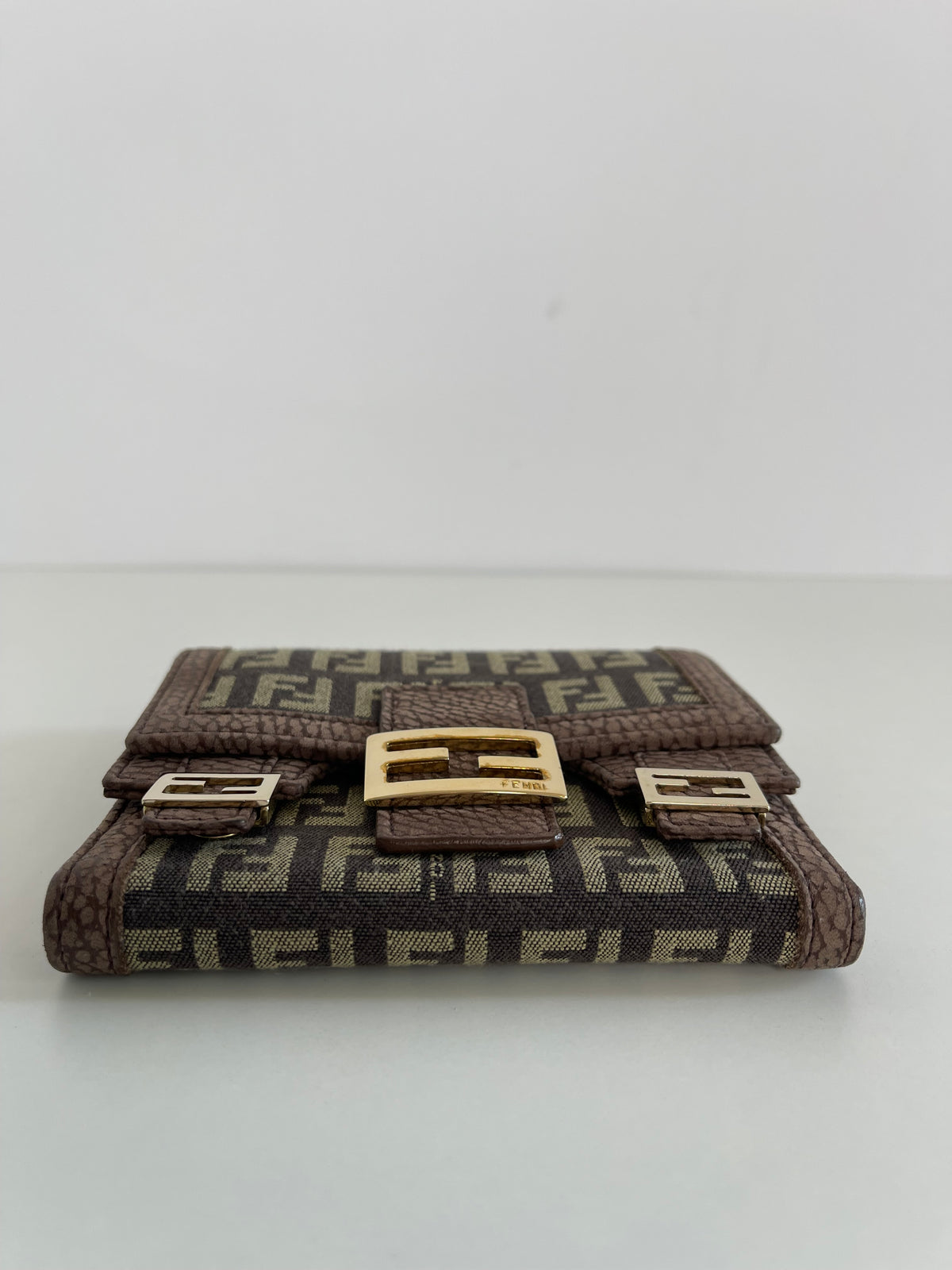 Fendi Zucchino Canvas and Brown Nubuck Leather Bifold Wallet