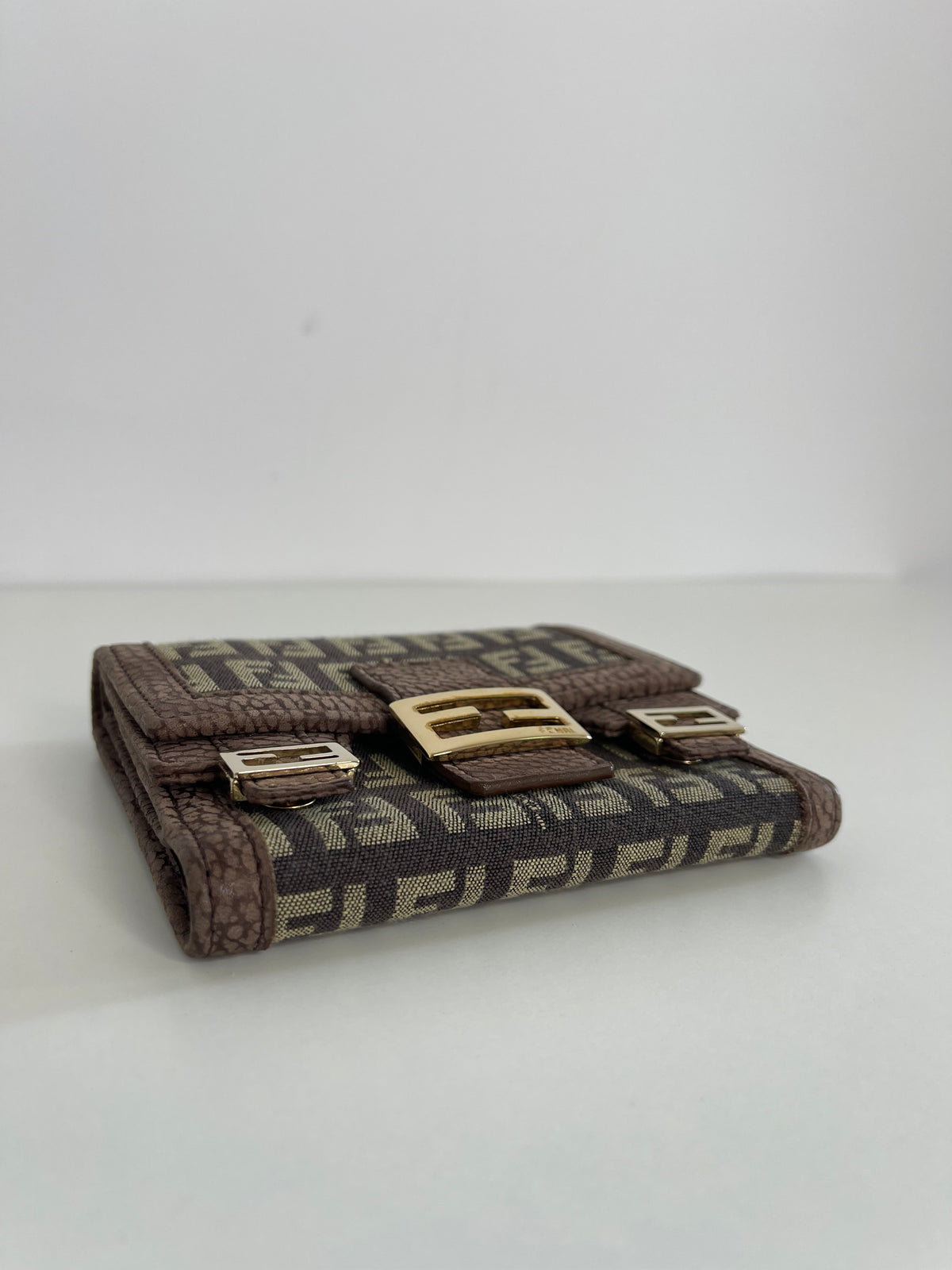 Fendi Zucchino Canvas and Brown Nubuck Leather Bifold Wallet