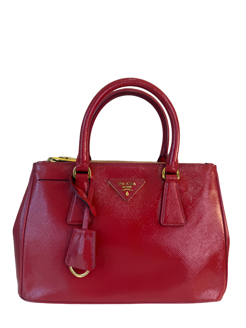 Prada Mini Galleria Saffiano Vernice Peonia Double Zip Tote