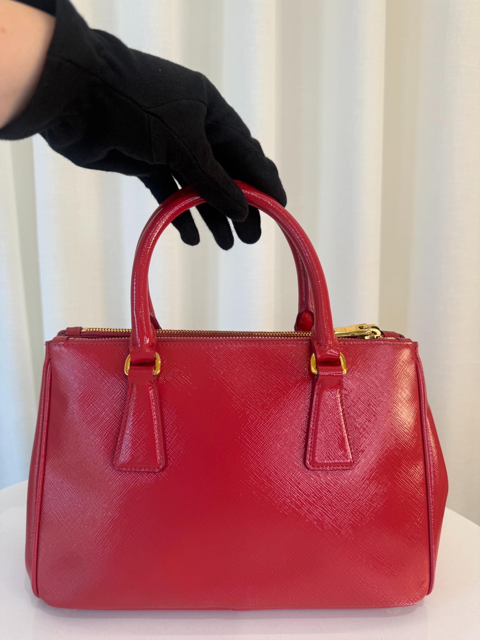 Prada Mini Galleria Saffiano Vernice Peonia Double Zip Tote