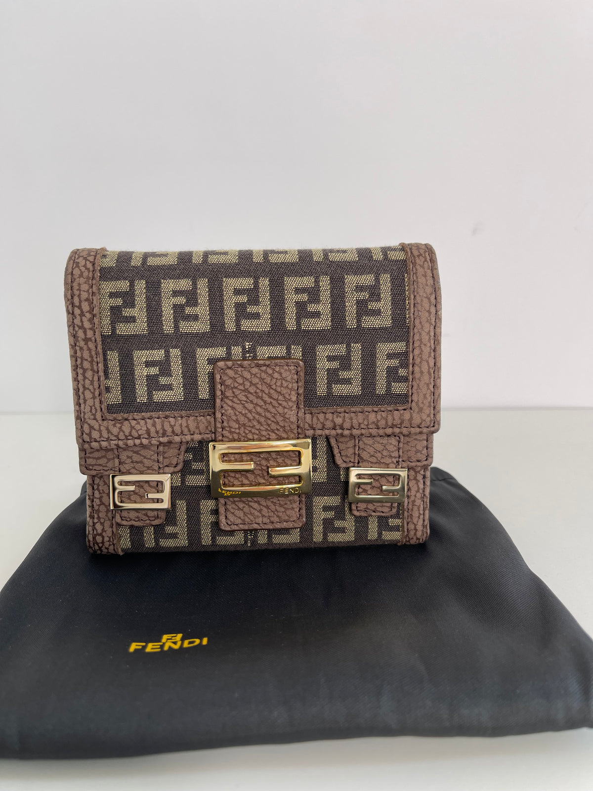 Fendi Zucchino Canvas and Brown Nubuck Leather Bifold Wallet