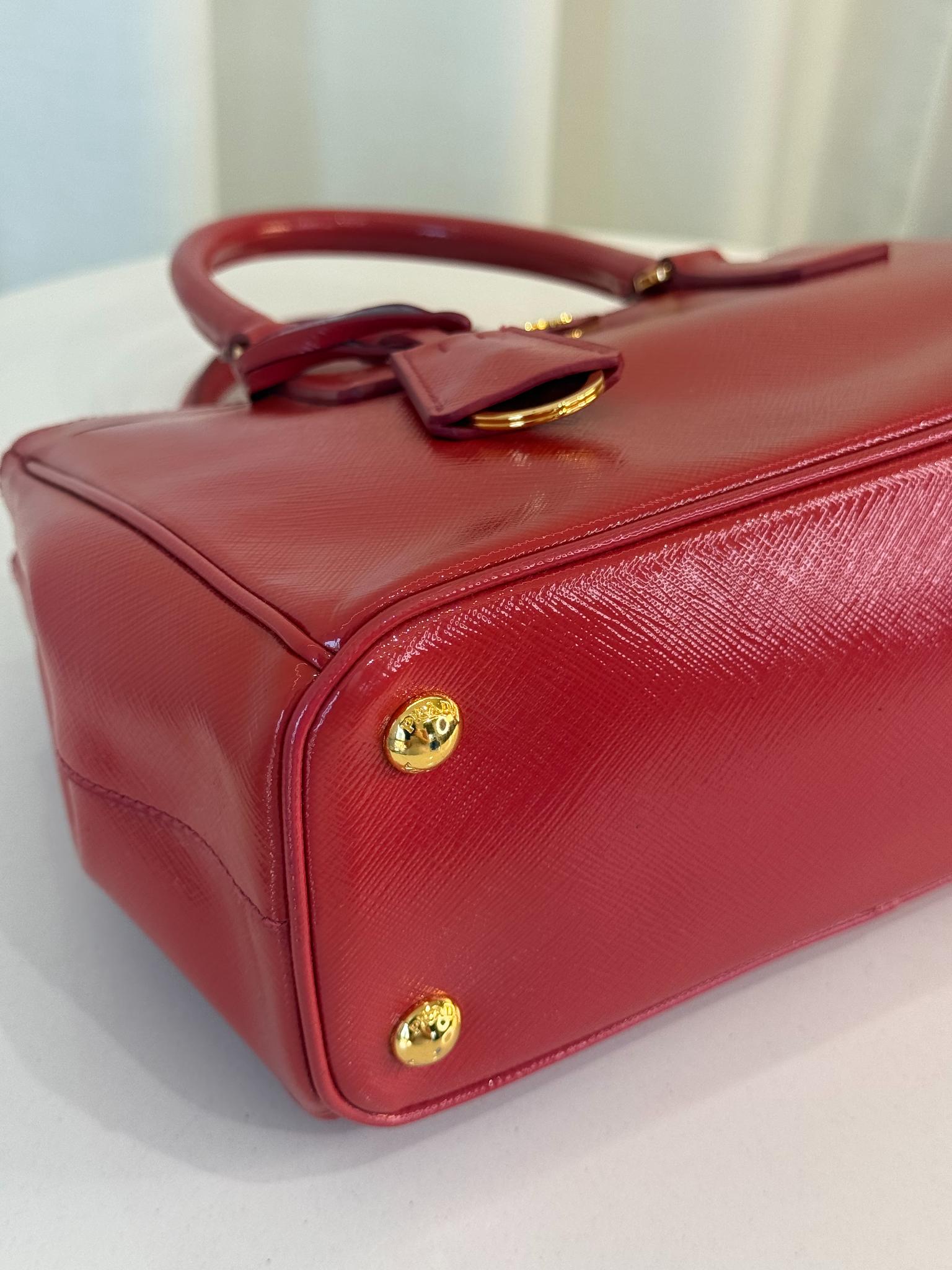 Prada Mini Galleria Saffiano Vernice Peonia Double Zip Tote