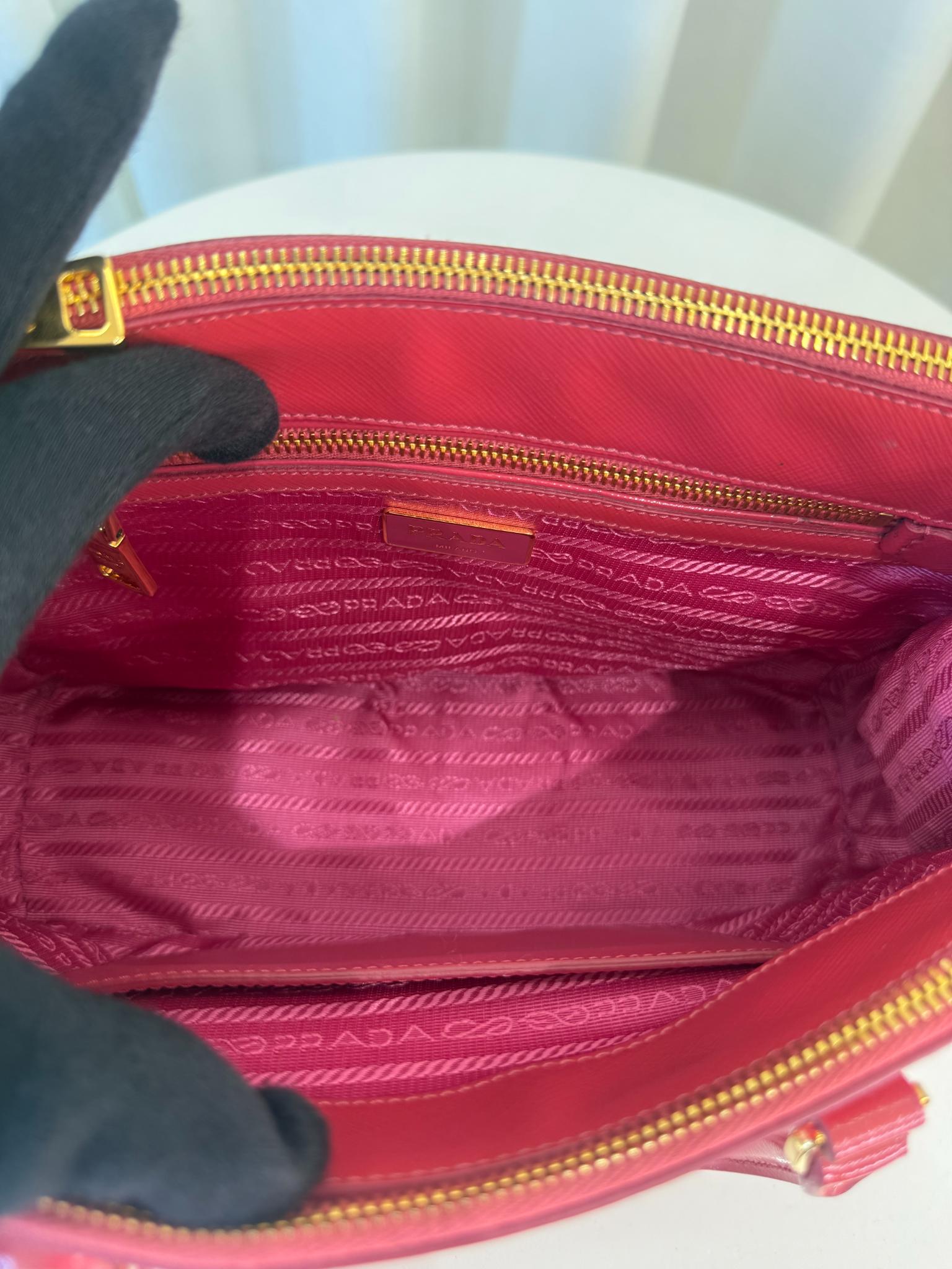 Prada Mini Galleria Saffiano Vernice Peonia Double Zip Tote