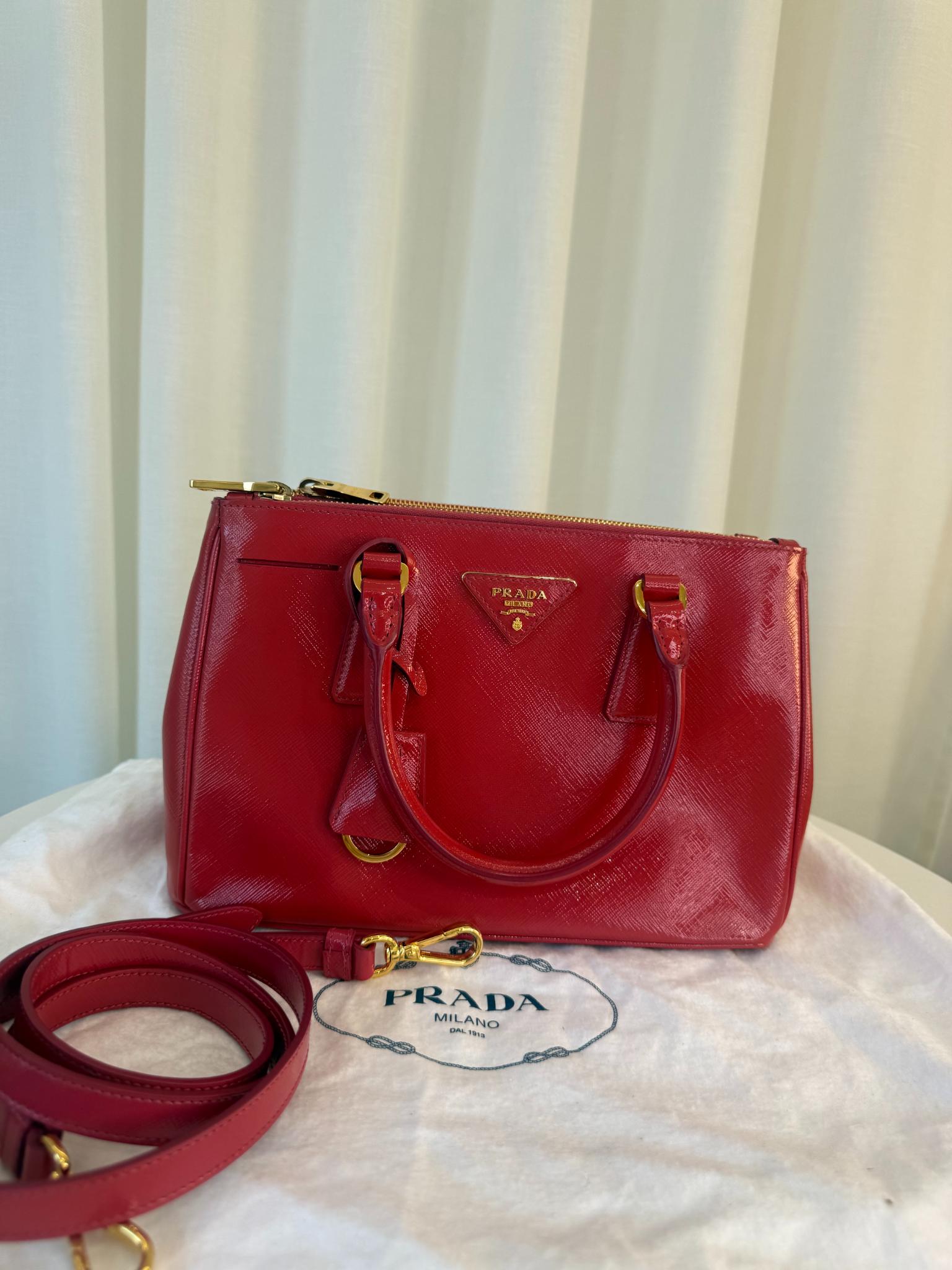 Prada Mini Galleria Saffiano Vernice Peonia Double Zip Tote