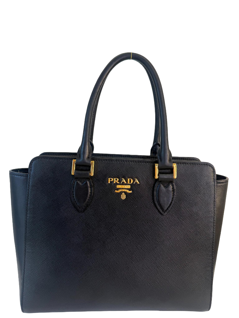 Prada Black Saffiano and Soft Calfskin Leather Small Top Handle Bag
