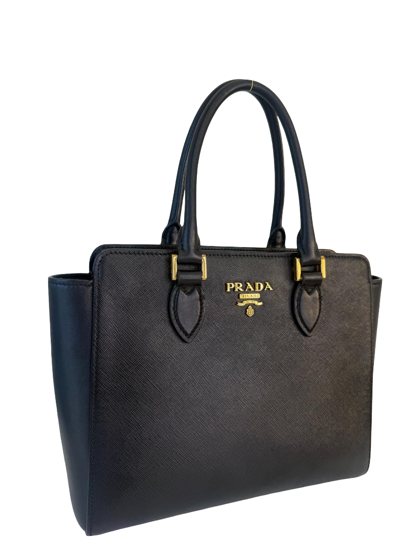 Prada Black Saffiano and Soft Calfskin Leather Small Top Handle Bag