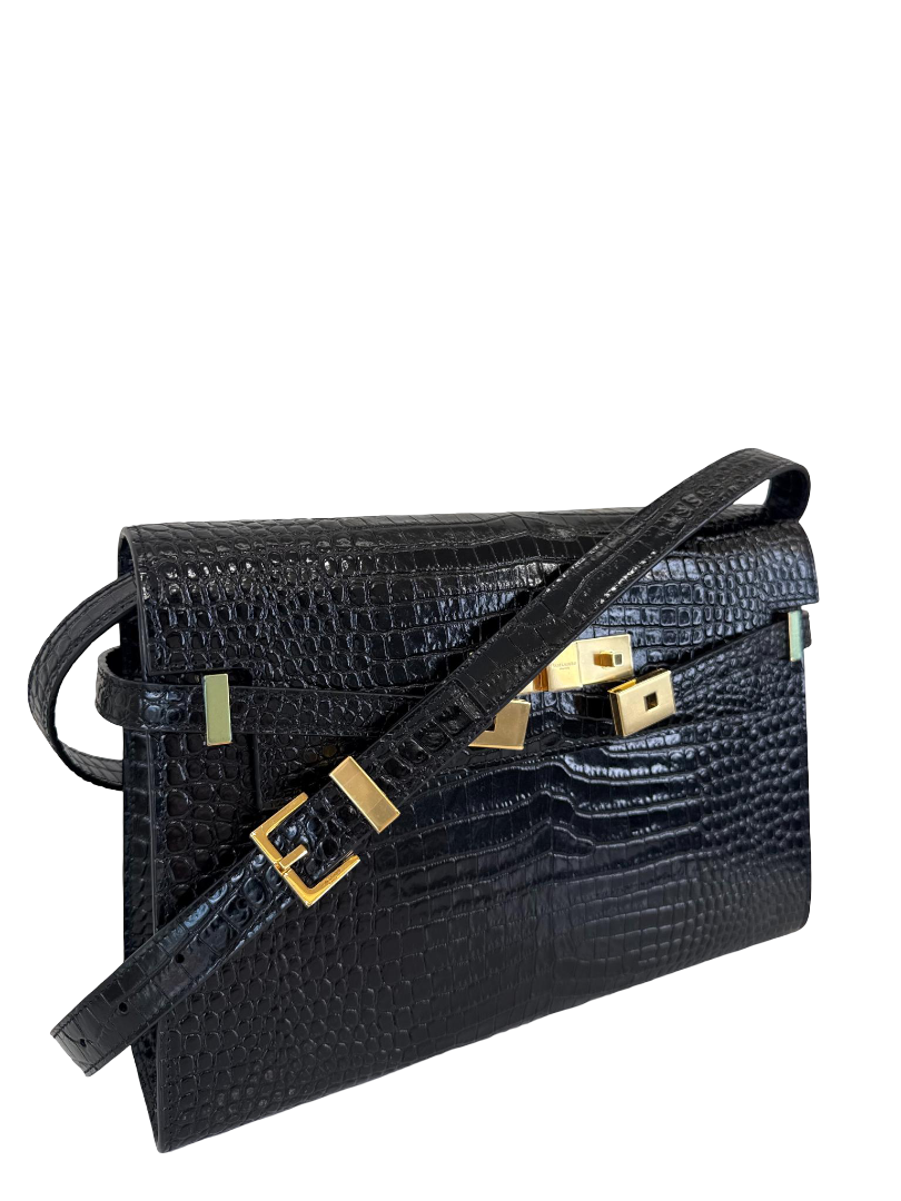 Saint Laurent Manhattan Medium Black Croc Embossed Leather Shoulder Bag