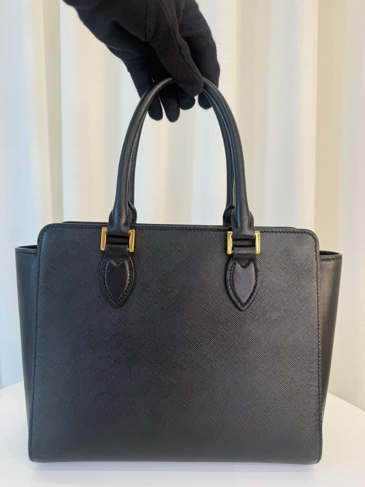 Prada Black Saffiano and Soft Calfskin Leather Small Top Handle Bag
