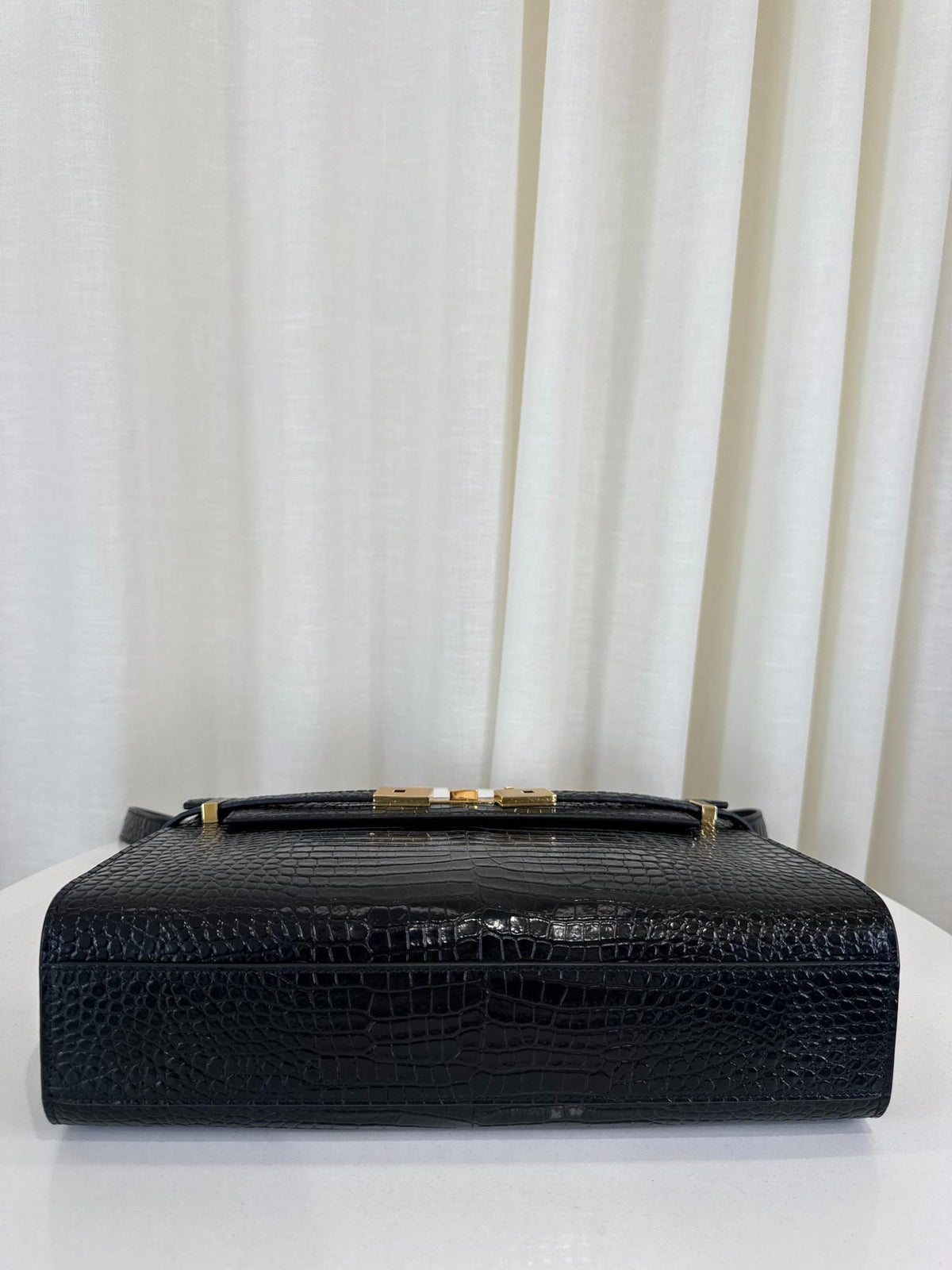 Saint Laurent Manhattan Medium Black Croc Embossed Leather Shoulder Bag