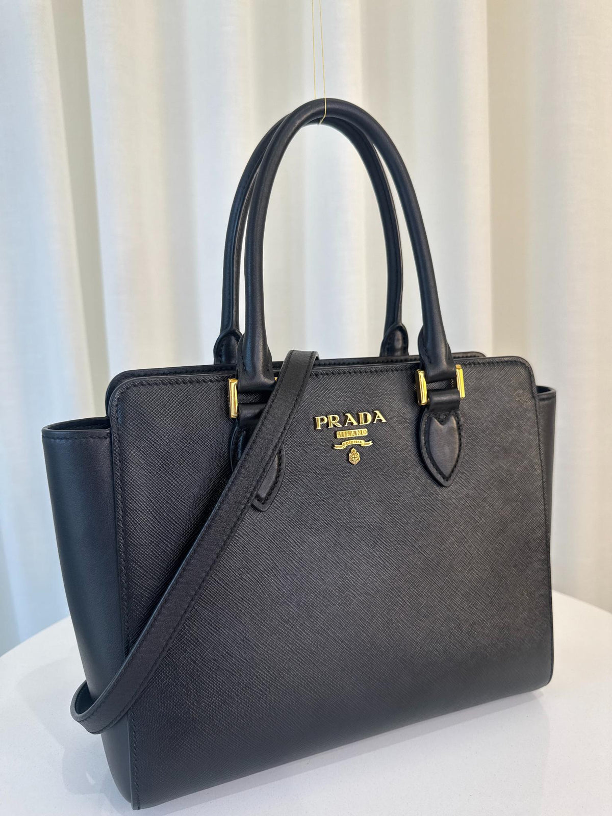 Prada Black Saffiano and Soft Calfskin Leather Small Top Handle Bag