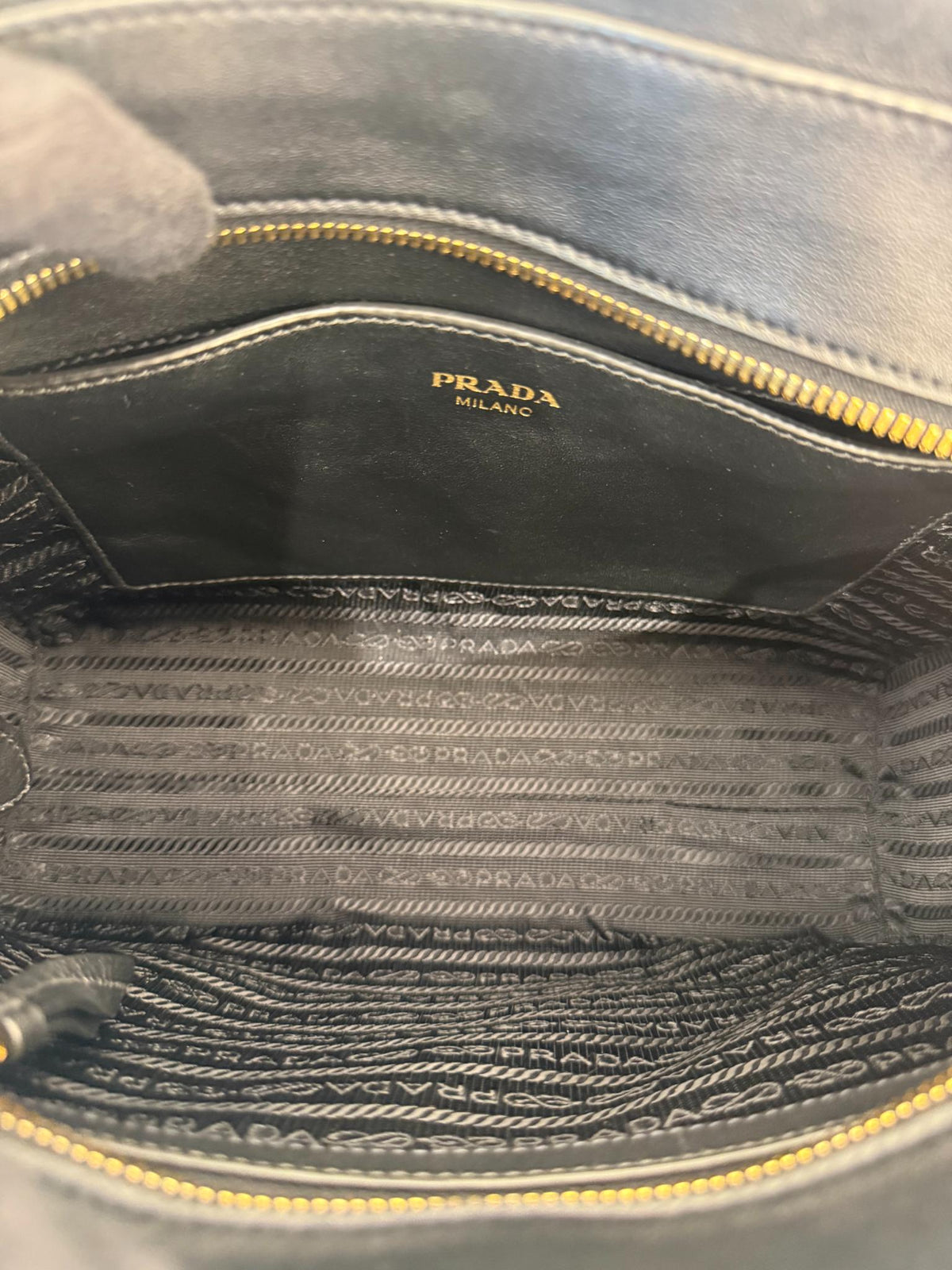 Prada Black Saffiano and Soft Calfskin Leather Small Top Handle Bag