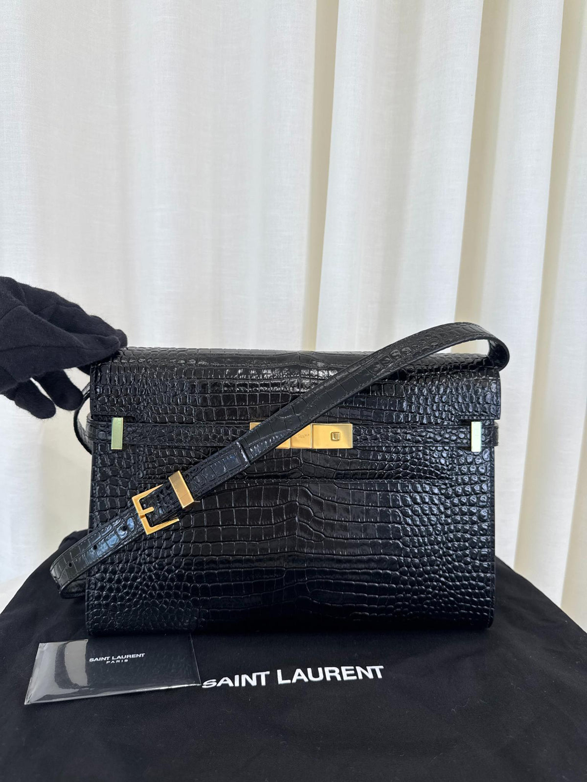 Saint Laurent Manhattan Medium Black Croc Embossed Leather Shoulder Bag