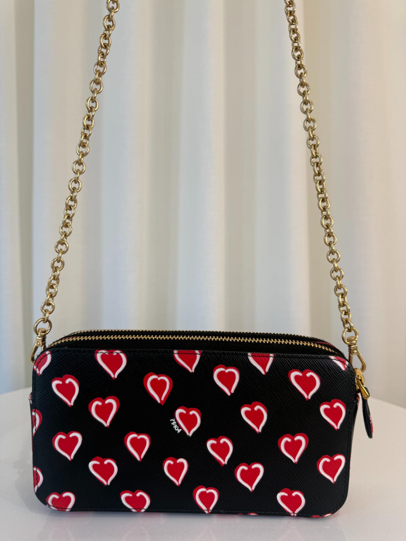 Prada Saffiano Heart Print Mini Double Zip Chain Crossbody Bag