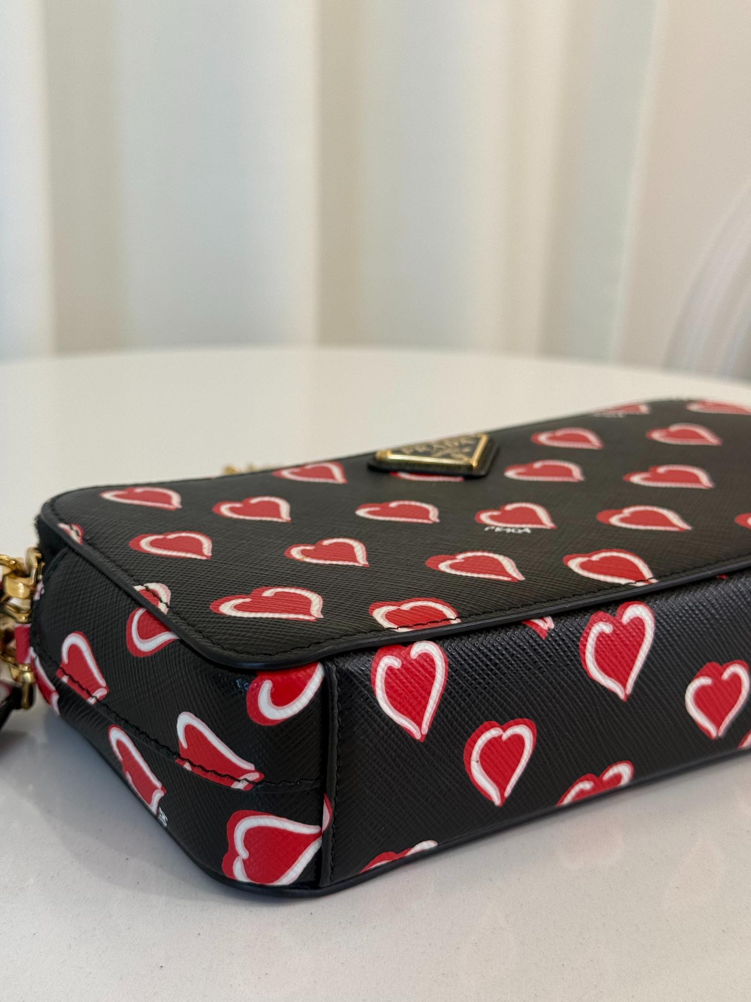 Prada Saffiano Heart Print Mini Double Zip Chain Crossbody Bag