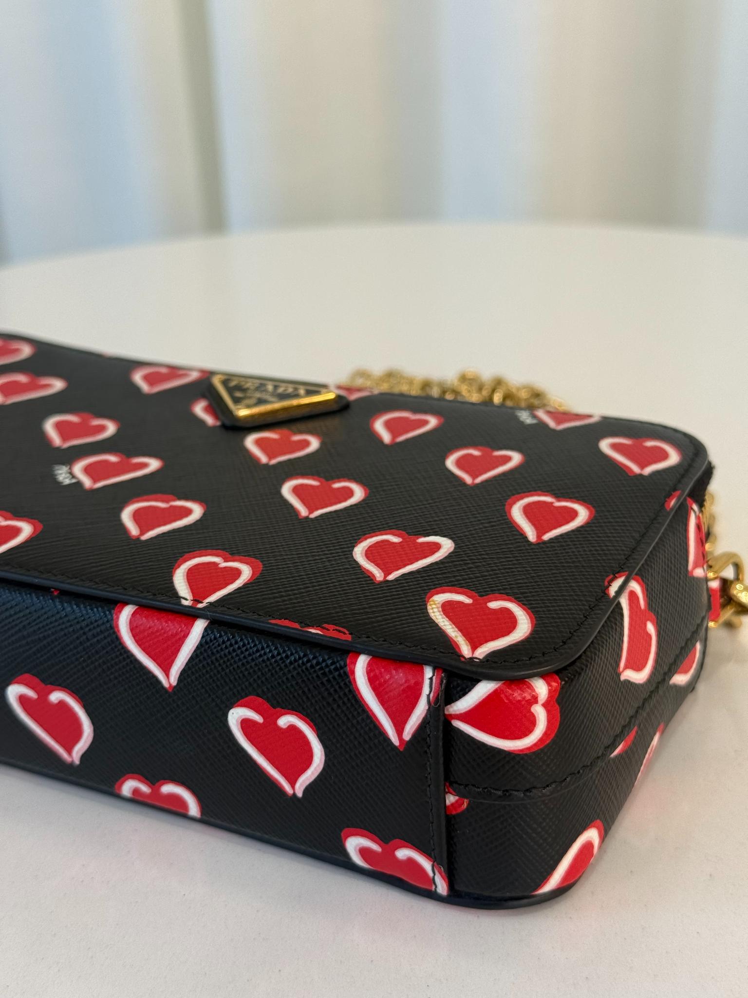 Prada Saffiano Heart Print Mini Double Zip Chain Crossbody Bag