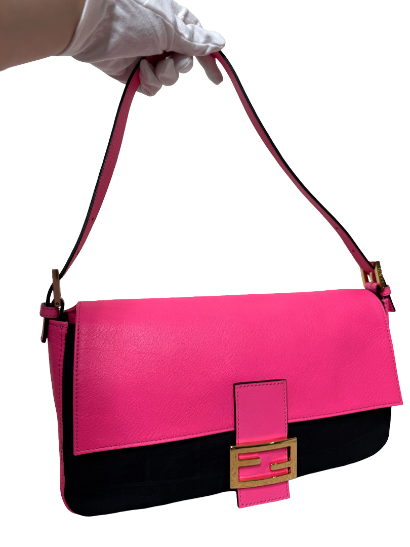 Fendi Pink Leather and Black Fabric Baguette Bag