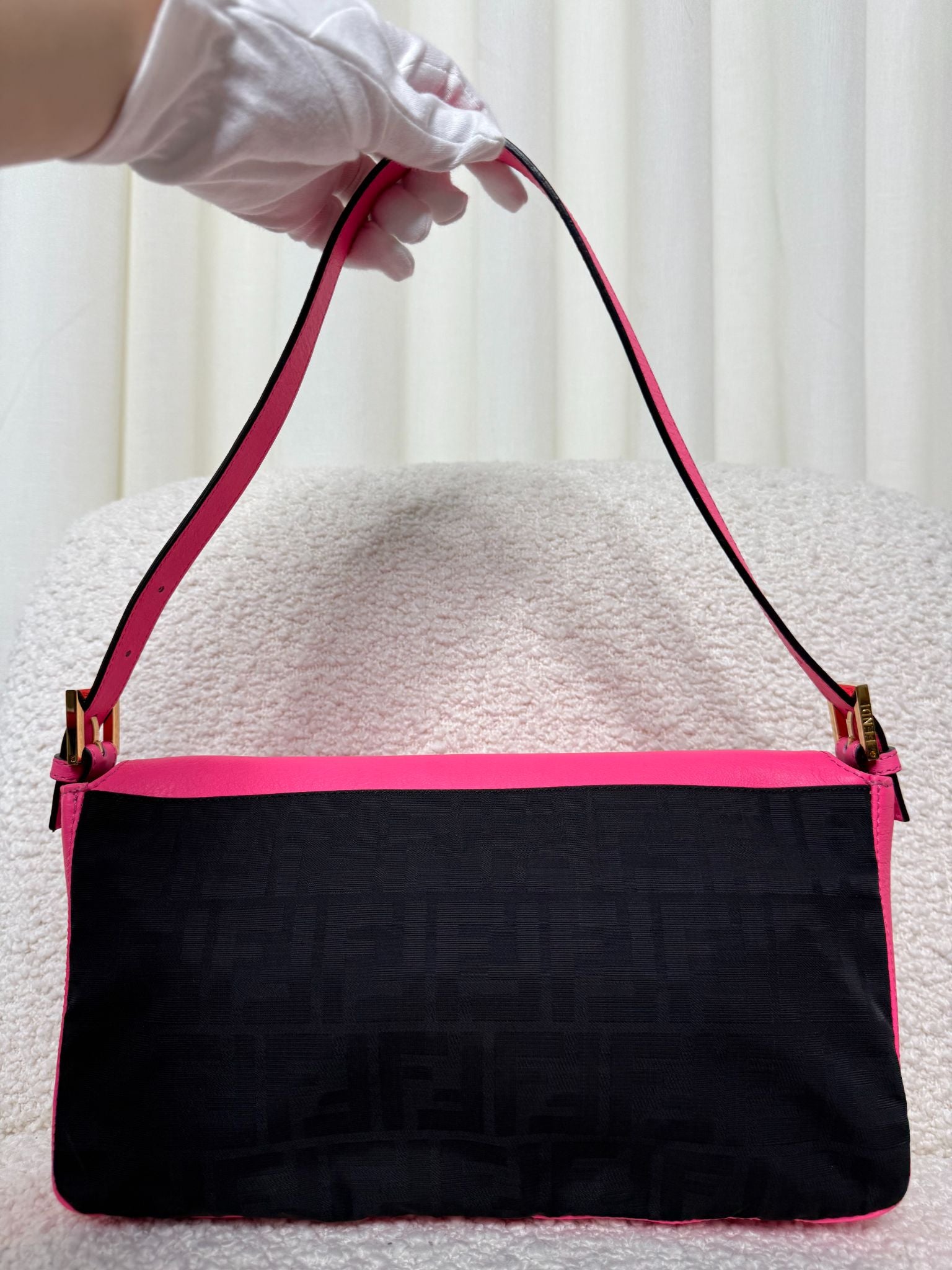 Fendi Pink Leather and Black Fabric Baguette Bag