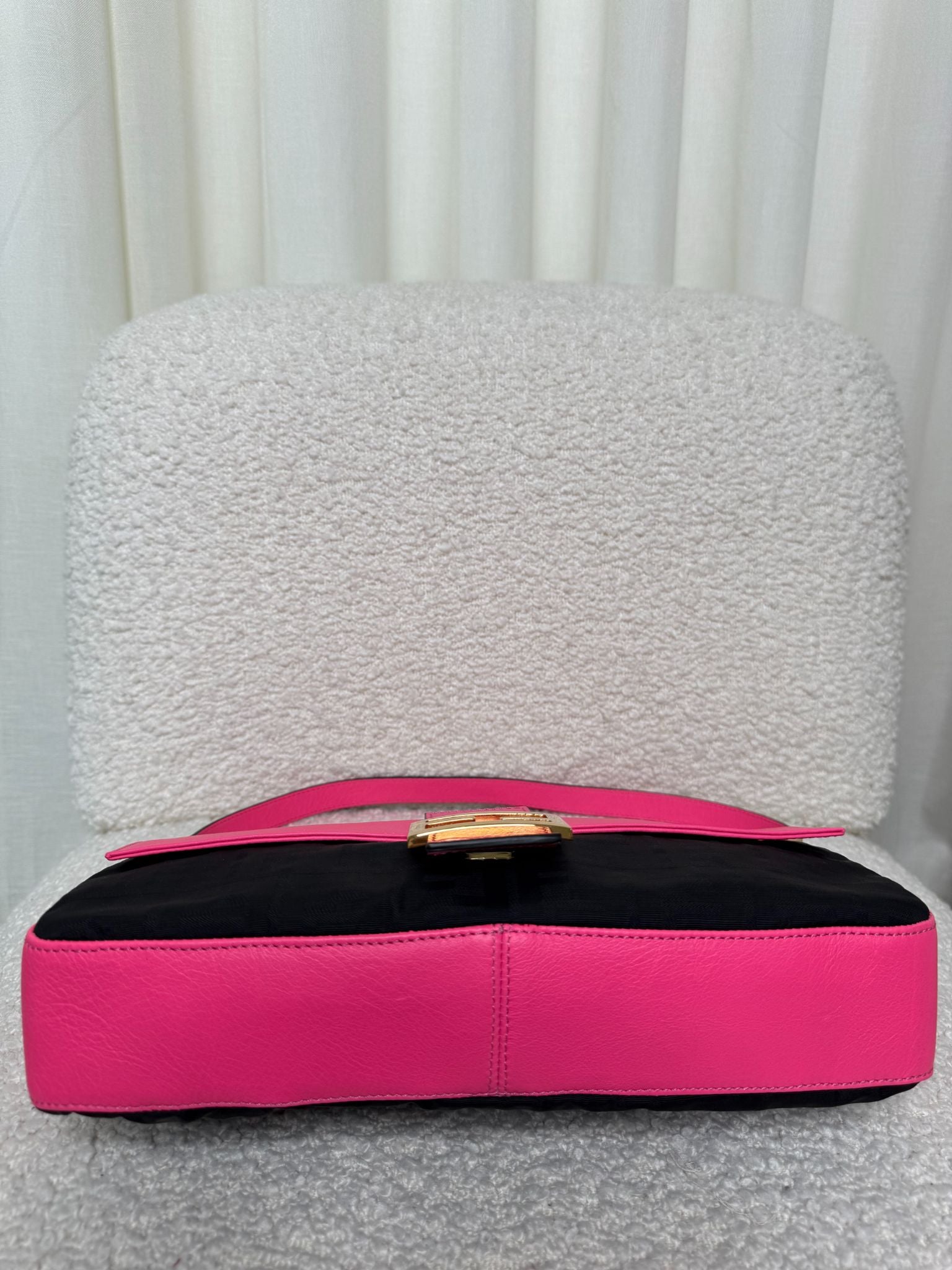 Fendi Pink Leather and Black Fabric Baguette Bag