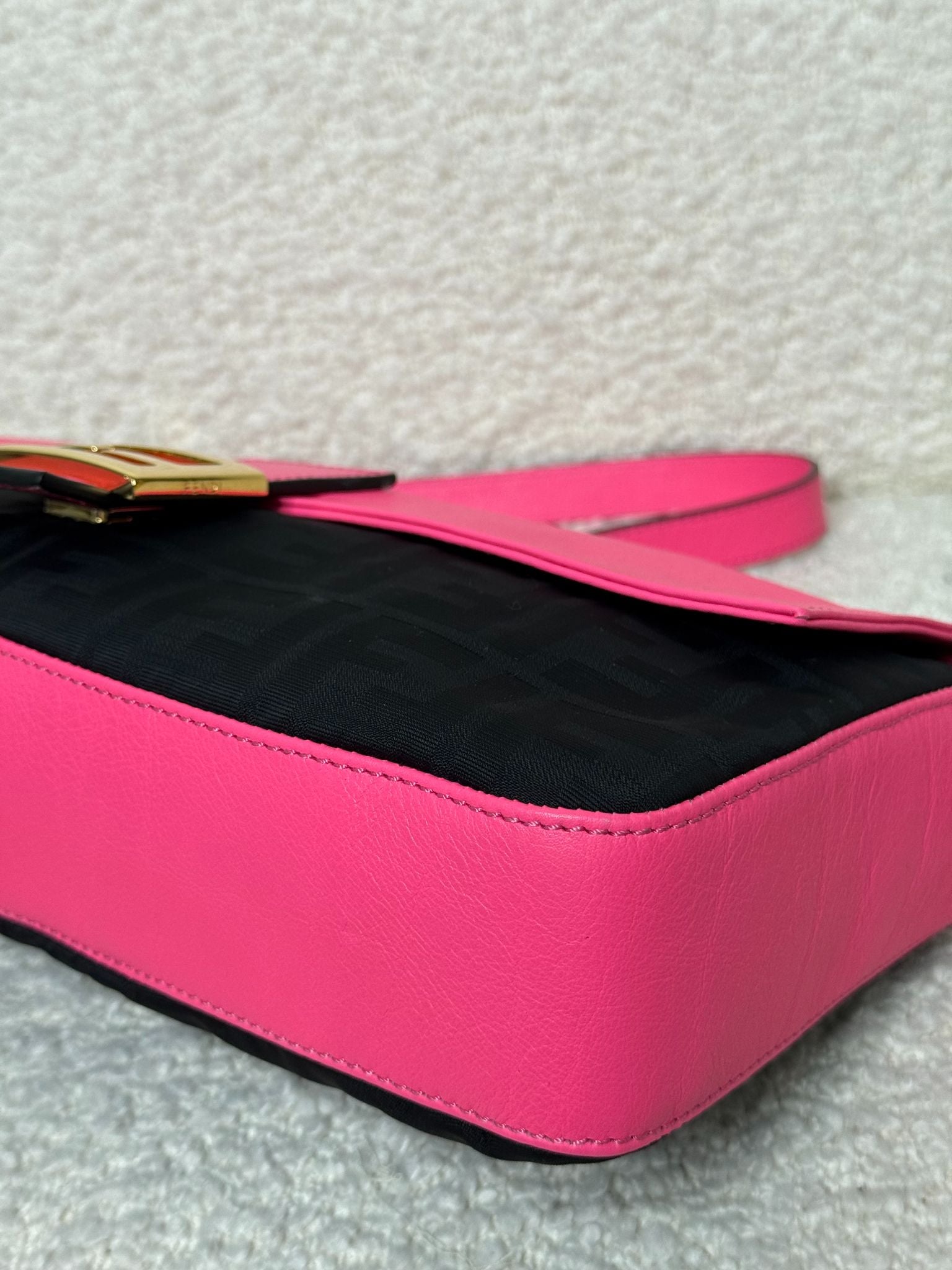 Fendi Pink Leather and Black Fabric Baguette Bag